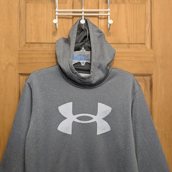 Under Amour UA Men's Med Hoodie Gray Cold Gear Fleece Big Logo Pullover Sweater - Picture 2 of 12